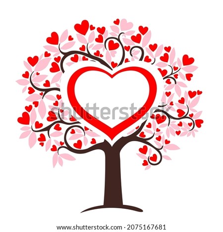 Love tree. Heart tree with red heart leaf  isolated on white background. Valentine's day background. Design Elements. Happy Valentine's Day. February 14.  Vector illustration
