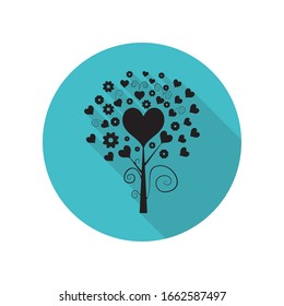 Liebesbaum mit Herzen lang Schattensymbol. Einfache Bildyph, flache Vektorillustration von Pfeilsymbolen für i und ux, Website oder mobile Anwendungen