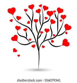 Love tree with hot red heart leaves different sizes on white background. Vector