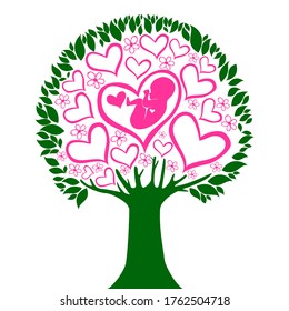 Liebesbaum. Menschlicher Fötus im Inneren der Gebärmutter. Hört. Design-Element für das Thema Schwangerschaft. Mutterschaft, Mutterschaft, Baby. Baby Desire. Fetus. Embryo-Symbol. Vektorgrafik