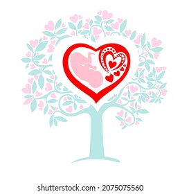 Árbol de amor. El feto humano dentro del útero. tratamiento de infertilidad.  Inseminación artificial. Elemento de diseño para el tema del embarazo. Maternidad, maternidad, bebé. Nena Deseada. Feto. Icono de embrión. Diseño plano. 