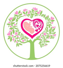 Love tree. Human fetus inside the womb. infertility treatment.  Artificial insemination. Design element for pregnancy theme. Maternity, motherhood, baby. Vitamin for pregnant women. Embryo icon. Flat 