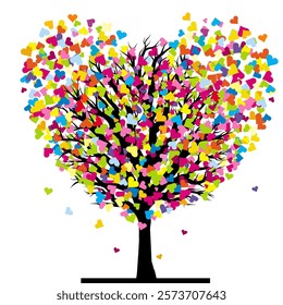 Love tree with a tree with multicolored leaves in the shape of hearts