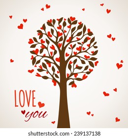Love tree on light background. Various red hearts on tree. Valentine's card. Vector illustration.