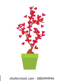 love tree with pink and red hearts on a white background. vector isolated. flat. holiday is Valentine's Day. congratulatory decor. gift card. Image of a tree crown with hearts in a pot for home flower