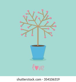 Love tree in the pot. Heart flower. Word love Blue background. Flat design Vector illustration