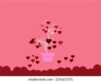 Love tree in pot isolated. Valentine's home tree with cute hearts as flowers and leaves. Pink and red colors. Vector flat object illustration