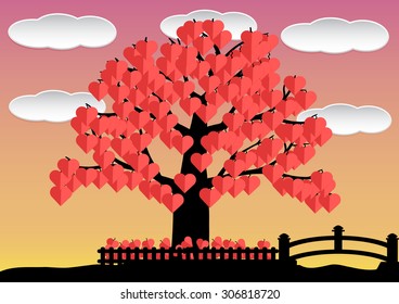 Love tree red hearts leaf in garden with cloud and bridge. Vector illustration. 