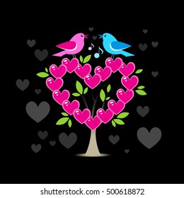 Love tree with two birds on black background