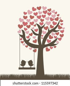 love tree with two birds, vintage style. vector illustration