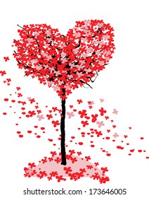Love tree. Valentines day background with red heart leaves.