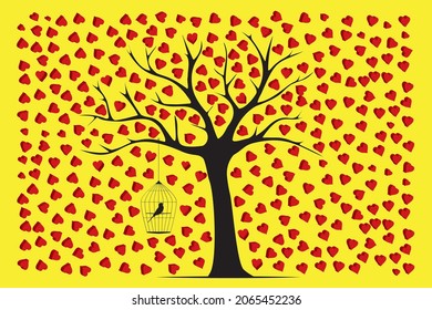 Love tree vector with bird in cage illustration, vector. Tree of love silhouette with red hearts isolated on yellow background. Wall Decor, Birds in love, Wall Decals, Art Decor 