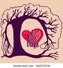 I love trees text logo tree hand drawing design stylization