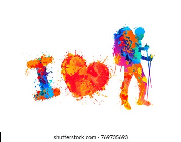 I love trekking. Watercolor splash paint vector traveller silhouette