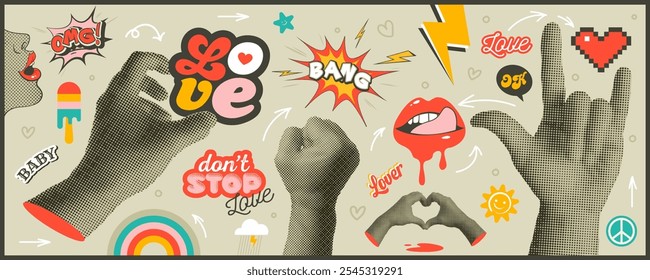 Amor trendy elementos de meio-tom definido. 80s. anos 90. Recortar a coleção de gestos emojis de mão. Vários sinais de mãos grunge punk pontilhado adesivos. Lábios vetoriais retro modernos, mão, sol, ilustração de paz