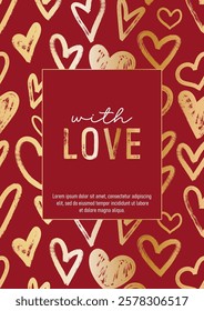 With love. Trendy template for valentines day with golden hearts pattern. Great for holiday invitation, greeting cards, flyers, banners and posters. Vector illustration