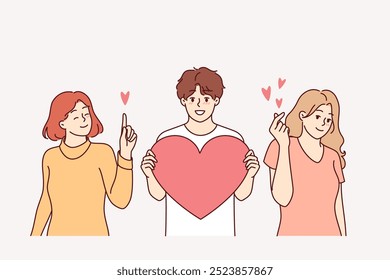 Love triangle between man with big heart and two girlfriends vying for attention of attractive guy. Love triangle among young people choosing open relationships and polygamy as lifestyle