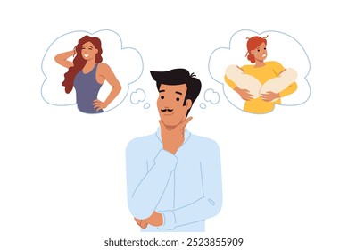 Love triangle between man cheating on disappointed wife with babies in arms, with young lover. Love triangle among guy and two girls symbolizes lack of moral guidelines in society.