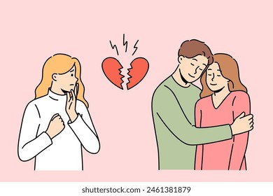 Love triangle between woman upset because of boyfriend who was accused of cheating. Broken heart near love triangle of couple and envious girl suffering from unrequited sympathy for man