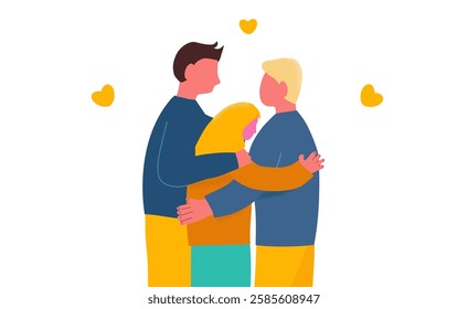 Love triangle. Broken heart near love triangle of couple and girl suffering from unrequited sympathy for man
