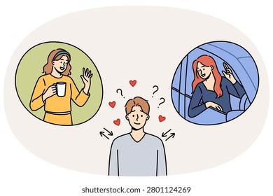 Love triangle involving man choosing girlfriend from two women, demonstrating male polygamy. Polygamy guy is romantically attracted to two girls at once and wants to date them all.