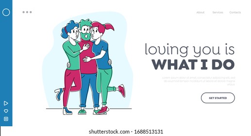 Plantilla de página de inicio de triángulo de amor. Un par de chicas abrazando y besando a un personaje masculino. Amor, relaciones humanas, Gigolo dando con mujeres en la fiesta para adultos. Ilustración de vectores de personas lineales