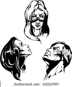 Love triangle - a man and two woman. Set of black and white vector illustrations.