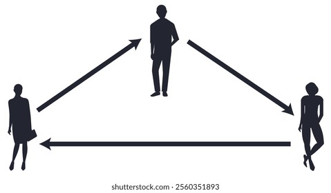 Love triangle. One man and two women. Realistic silhouettes. Flat vector illustration isolated on white background.