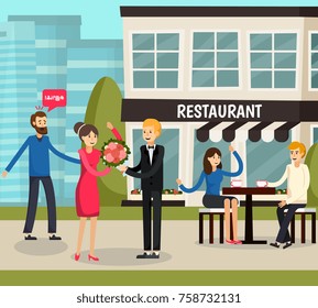 Love triangle orthogonal composition with reactions of people on man giving flowers to woman flat vector illustration