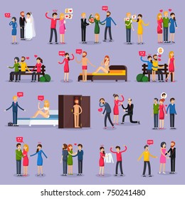 Love triangle set of orthogonal icons with people in various situations on lilac background isolated vector illustration 