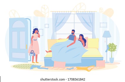 Love Triangle, Wife Catches Husband with Another. Man Lies in Bed with Woman, his Wife Stands in Doorway, Holding his Head. Family Tragedy, Betrayal Life Partner. Vector Illustration.