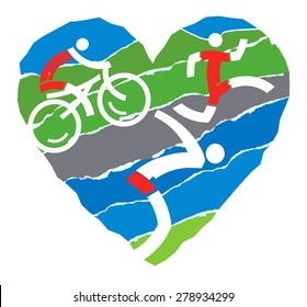  I love triathlon.
Heart shape with icons symbolizing triathlon, swimming, running and cycling on the torn paper background. Vector illustration.
