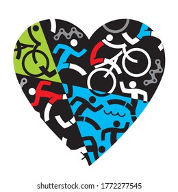 
I love Triathlon.
Illustration with colorful heart symbol with triathlon athletes, swimmers, cyclists, runners. Vector available.