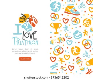 I Love Triathlon Landing Page Template, Marathon, Competition, Championship, Sports Club Homepage, Website Interface Vector Illustration