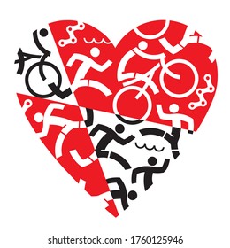 
I love Triathlon, running, swimming, cycling.
Illustration with red and black heart symbol with triathlon athletes, swimmers, cyclists, runners. Vector available.