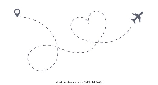 Love trip airplane route icon. Honeymoon Romantic travel symbol, heart dashed line trace. Simple heart airplane path, flight air dotted love valentine day drawing isolated vector.