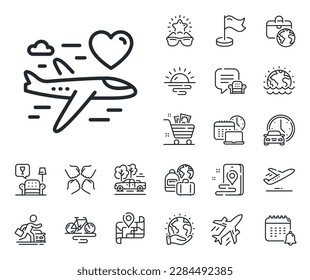 Love trip sign. Plane jet, travel map and baggage claim outline icons. Honeymoon travel line icon. Valentines day flight symbol. Honeymoon travel line sign. Car rental, taxi transport icon. Vector