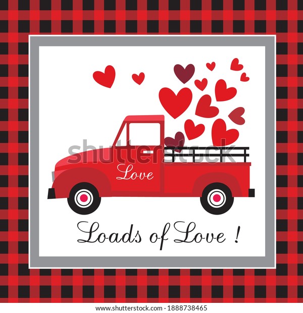 Love truck and buffalo checker background for\
wedding or valentine card