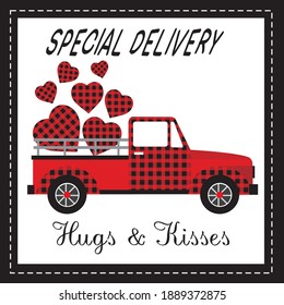 Love truck with buffalo checker for wedding or valentine card