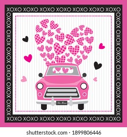 Love truck and heart shape with plaid for valentine greeting card