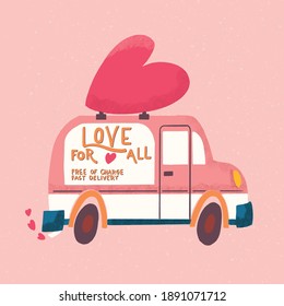 Love truck vehicle with a heart and love message. Colorful hand drawn illustration with handlettering for Happy Valentine’s day. Greeting card.