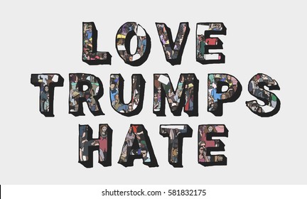 Love trumps hate protest sign with unique texture of demonstrating crowd in color