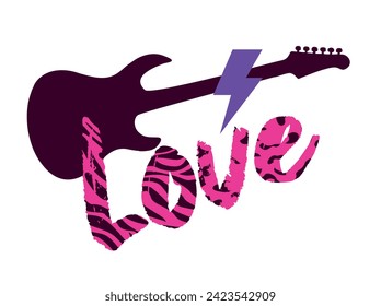 Love. T-shirt design featuring an electric guitar silhouette along with the lightning bolt symbol and a word with an animal print. Glam rock poster.