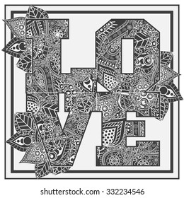 Love T-shirt fashion Typography, Black and white Floral-grunge art design, letters with ornament, graphic Print label