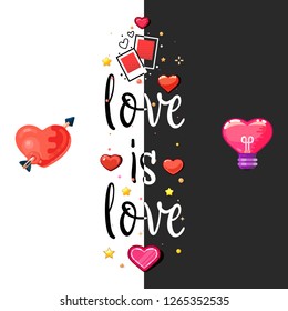 Love is love. T-shirt poster love tag with a balloon and a heart-shaped bulb.