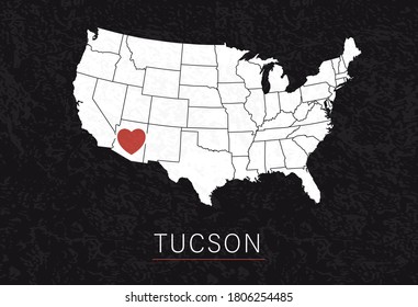 Love Tucson Picture. Map of United States with Heart as City Point. Vector Stock Illustration