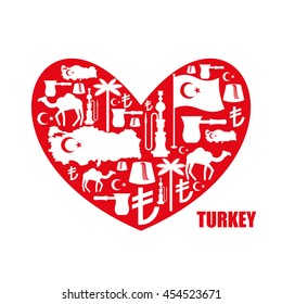 I love Turkey. Sign heart of traditional Turkish folk characters. Map and flag of country. Turk and Lira Symbol. Camels and palm trees. Fez and hookah. National Patriotic emblem