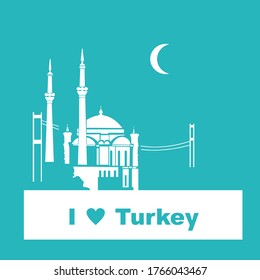 I love Turkey. Vector image of a mosque and bridge on a turquoise background.