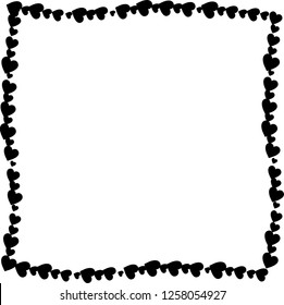 Love twisted frame made of cartoon black different sized hearts isolated on white background. Cute Valentines or wedding vector photo frame, border, template with empty copy space for text.