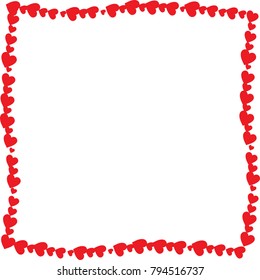 Love twisted frame made of cartoon red different sized hearts isolated on white background with empty space inside. Cute Valentines or wedding vector photo frame, border, template with space for text.